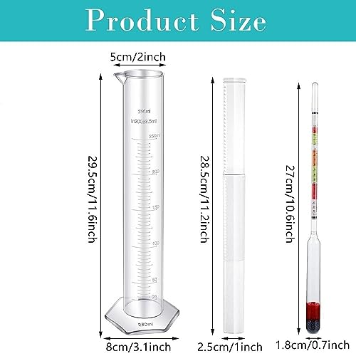 3 Pcs Scale Hydrometer and Test Jar Combo Include 1 Scale Hydrometer with Storage Bag and 250 ml Plastic Cylinder for Wine Beer Mead