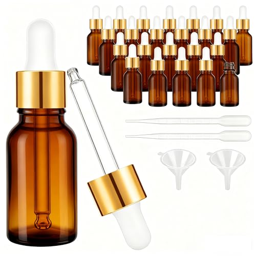 PrettyCare Glass Eye Dropper Bottles 24 Pack, 0.5oz (15ml) Small Amber Empty Thick Bottles with Leakproof Golden Caps - With Labels & Funnels for Storage, Travel, Essential Oils, Tinctures - color: 0.5oz Amber, style: 24 Pack