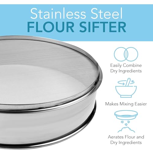Stainless Steel Flour Sifters, Set of Fine Mesh Round Flour Sieves for Baking - 8" Diameter x 2.5" High and 9.5" Diameter x 2.5" High; Both 20 Mesh - size: 8" 9.5" Dia. x 2.5" High