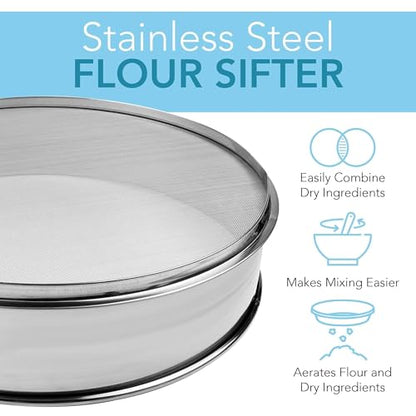 Stainless Steel Flour Sifters, Set of Fine Mesh Round Flour Sieves for Baking - 8" Diameter x 2.5" High and 9.5" Diameter x 2.5" High; Both 20 Mesh - size: 8" 9.5" Dia. x 2.5" High