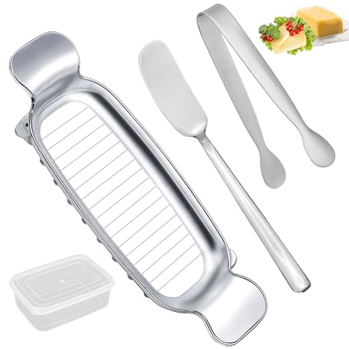 lasuroa 4pcs Butter Slicer Cutter Set with Storage Box, Stainless Steel Knife Spreader, Wire Cheese Slicer and Serving Tongs Kitchen Food Tool for Block Cheese and Butter - style: Butter Slicer+Spreader+Tongs+Storage Box