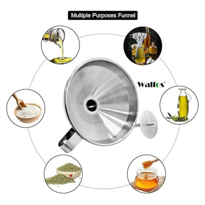 Stainless Steel Funnel, Walfos 3 Pack Kitchen Funnel with 2 Removable Strainer ＆ 1Pcs Cleaning Brush, Perfect for Transferring of Liquid, Oils, Jam, Dry Ingredients & Powder - color: 3pcs funnel 5.7+4.9+4.1 inch