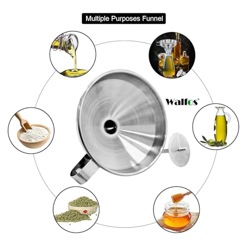 Stainless Steel Funnel, Walfos 3 Pack Kitchen Funnel with 2 Removable Strainer ＆ 1Pcs Cleaning Brush, Perfect for Transferring of Liquid, Oils, Jam, Dry Ingredients & Powder - color: 3pcs funnel 5.7+4.9+4.1 inch