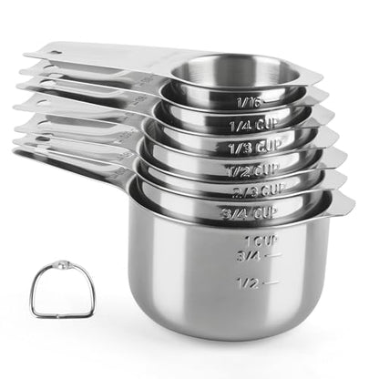 Stainless Steel Measuring Cups Set of 7, Stackable Measure Cups Kitchen Gadgets for Cooking Baking Supplies Tools, Nesting Metal Cup Spoons Easy to Read Markings for Dry & Liquid Measurements Baker - color: Silver