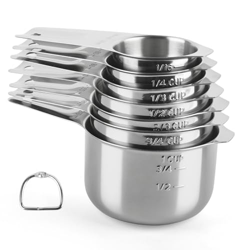 Stainless Steel Measuring Cups Set of 7, Stackable Measure Cups Kitchen Gadgets for Cooking Baking Supplies Tools, Nesting Metal Cup Spoons Easy to Read Markings for Dry & Liquid Measurements Baker - color: Silver