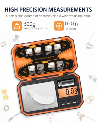 Digital Pocket Scale, High-Precision 500g x 0.01g Gram Scale with 50g Calibration Weight, Mini 6 Units Jewelry Scale with LCD Display, Tare Function for Food, Jewelry, Coin, Coffee, Battery Included - size: 500g/0.01g