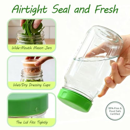 Glass Salad Jars 32oz 4-Pack with Dressing Cup | Leakproof, wet/dry separation, airtight mason jars, meal prep containers, portable lunch container, office travel