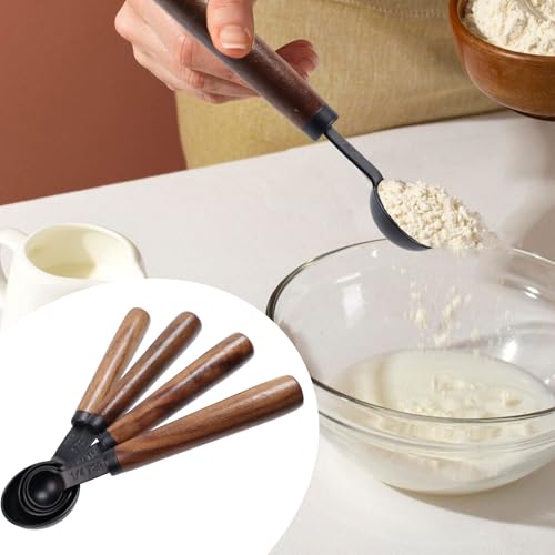 Set of 4 Measuring Spoons Black Measuring Scoops with Wooden Handle Stainless Steel Measuring Spoons Set for Kitchen Flour Spice Seasoning Measurement (15ml+5ml+2.5ml+1.25ml) - size: 1/16+1/48+1/96+1/192 Cup