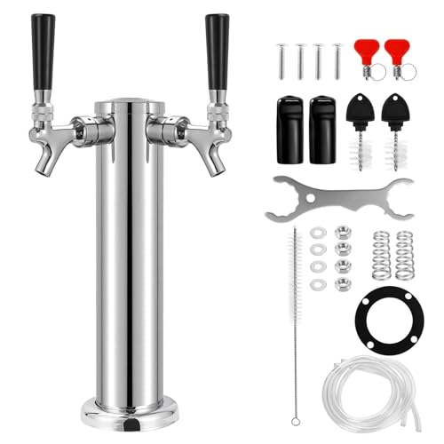Kegerator Tower Double Tap Beer Tower Dual Faucet Beer Tower Stainless Steel 3'' Flange Beer Tower Dispenser Beer Tap Kegerator Parts with Pre-Assembled Tubing and Self-Closing Springs - size: Double Tap