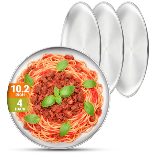 Metal Dinner Plate, 4 Pack 10.2 inch Large 201 Stainless Steel Plates, Reusable Lunch Salad Pizza Food Serving Snack Eating Dishes Round Brushed Finish Silver Sturdy Dish Oven Dishwasher Safe - size: 10.2"