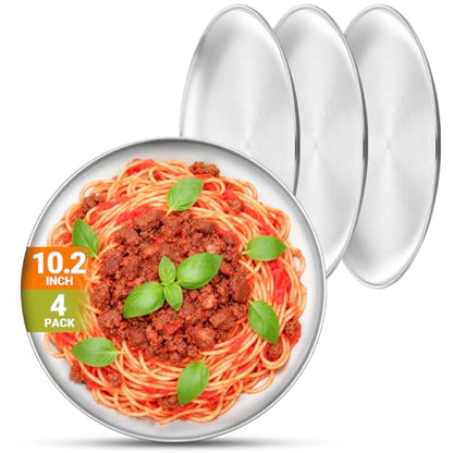 Metal Dinner Plate, 4 Pack 10.2 inch Large 201 Stainless Steel Plates, Reusable Lunch Salad Pizza Food Serving Snack Eating Dishes Round Brushed Finish Silver Sturdy Dish Oven Dishwasher Safe - size: 10.2"