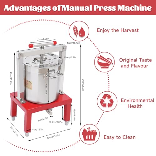 Fruit Wine Press 3.5 Gallon/13.25L Red Manual Juice Maker Stainless Steel Fruit and Wine Press Nature Juice Making Press Machine with T-Handle for Cider Apple Grape Tincture Vegetables Honey Cheese - size: 13.25L/3.5Gallon-Red