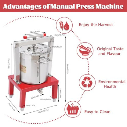 Fruit Wine Press 3.5 Gallon/13.25L Red Manual Juice Maker Stainless Steel Fruit and Wine Press Nature Juice Making Press Machine with T-Handle for Cider Apple Grape Tincture Vegetables Honey Cheese - size: 13.25L/3.5Gallon-Red