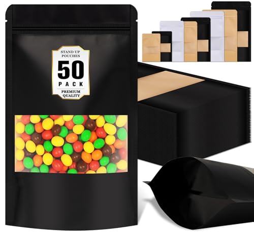 Jetmore 50 Pack Resealable Bags, Smell Proof Snack Bag, Cookie Bags with Seal, Stand Up Pouches for Cheese, Herbs, Coffee, Nuts, Soap, Bath Salts, Party Favors, Tea, Food Packaging, Spice Bag - color: Black, size: 5.5x7.9in (14x20cm)