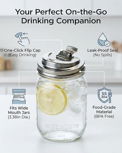 Metal Mason Jar Drinking Lids with Handle Wide Mouth Stainless Steel Glass Canning Supplies Superb Canning Lid Anticracking Leak Proof Seal Flip Cap Cover Airtight Accessories for Drink - color: #1 86mm