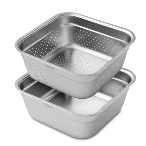 2-in-1 Stainless Steel Washing bowl & Colander Set, 12.5" Heavy-Duty Square Washing Up Bowl for Sink, Food Strainer Mixing Bowl, Food-Grade Basin for Rinsing Fruits, Vegetables, Rice & Pasta
