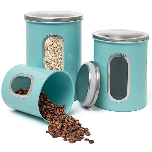 Mixpresso 3-Piece Aqua Blue Canisters Sets For The Kitchen, Airtight Canister Set With See Through Window, Storage Jars for Coffee Container, Tea Organizer & Sugar Canister, Kitchen Canisters - color: Aqua Blue (Turquoise)