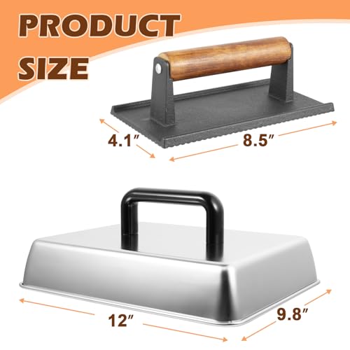 12 x 9 Inch Rectangular Basting Cover and Grill Press Kit for Blackstone Accessories, Universal BBQ Melting Dome Steaming Lid & Smash Burger Press for Flat Top Teppanyaki, Dishwasher Safe - size: 12" x 9"