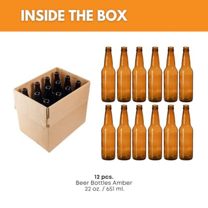 FastRack Amber Beer Bottles 22oz (Pack of 12) | Longneck Glass Beer Bottles with Pry-off Crown Finish for Home Brewing Mead, Cider & Kombucha | Durable Brewing Bottle & Bottling Kit