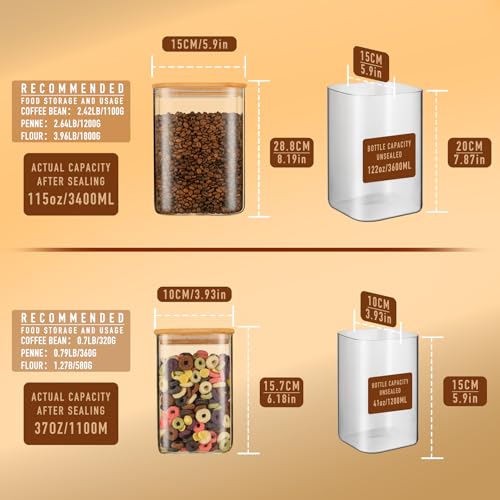 D2scrma 122oz 41oz Airtight Glass Square Storage Canister with Bamboo Lid Set of 2(3600ml*1 1200ml*1) Large Storage Container Gallon Glass Jars, for Sugar, Flour, and Coffee bean (with Black Lable) - size: 115oz*1/37oz*1