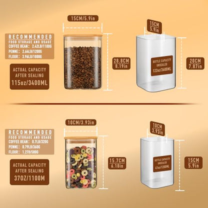 D2scrma 122oz 41oz Airtight Glass Square Storage Canister with Bamboo Lid Set of 2(3600ml*1 1200ml*1) Large Storage Container Gallon Glass Jars, for Sugar, Flour, and Coffee bean (with Black Lable) - size: 115oz*1/37oz*1