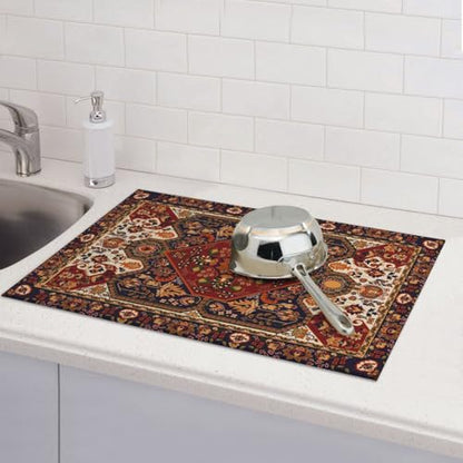 Persian Carpet Design Dish Drying Mat Tribal Texture Boho Persian Rust Carpet Drying Rack Pad Countertop Dishes Ultra Absorbent Microfiber Kitchen Counter Mat 18x24 Inch - color: Brown Red