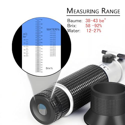 Honey Refractometer,V-Resourcing Hand Held Be'(Baume)/Brix/Water Refractometer for Honey Test,Tri-Scale (Baume:38-43°;Brix:58-92%;Water:12-27%) - color: Honey Refractometer