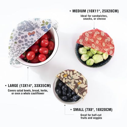 Reusable Beeswax Food Wraps - 6 Pack Blossom pattern (3S,2M,1L) for Homemade Bread Storage, Sandwich Wrap & Bowl Covers | Alternative to Aluminum Foil | Biodegradable, Organic, Zero Waste - color: 6 Pack - Blossom Harmony