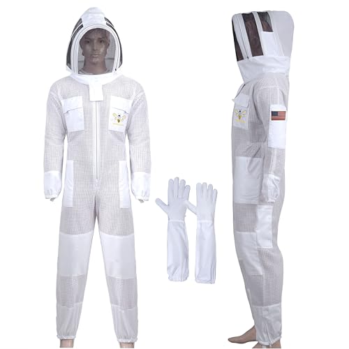 3 Layer Professional Beekeeping Suit - Saneer Bee Heavy Duty Protective Bee Suit for Safe and Efficient. Fancing Veils protection & one pair of Gloves (Medium) - size: Medium