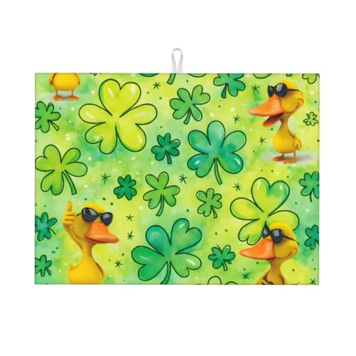 Duck with Sunglasses, Clover Dish Drying Mat | For Kitchen Reusable Washable Large Dish Draining Mat 18x24 Inch Kitchens Decor - color: Duck With Sunglasses, Clover