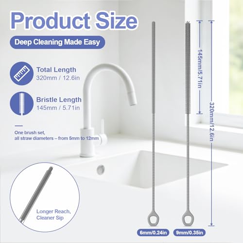 YOTIME Straw Cleaner Brush Extra Long 12.6 inch, 2Pcs Reusable Silicone Straw Brush for Sippy Cup, Water Bottle and Tubes, 6mm+9mm, Gray - color: Gray