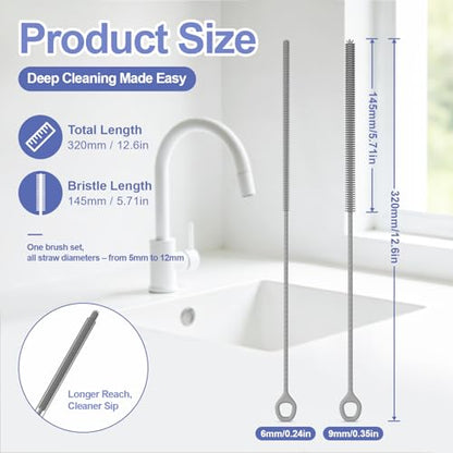 YOTIME Straw Cleaner Brush Extra Long 12.6 inch, 2Pcs Reusable Silicone Straw Brush for Sippy Cup, Water Bottle and Tubes, 6mm+9mm, Gray - color: Gray