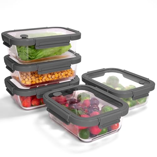 5-Pack Borosilicate Glass Containers with Tempered Glass Lids, 35.2oz/4.4 Cup Airtight Meal Prep Set, Microwave/Freezer Safe (Gray) - color: Tempered Lids Gray, size: 4.4 Cup*5