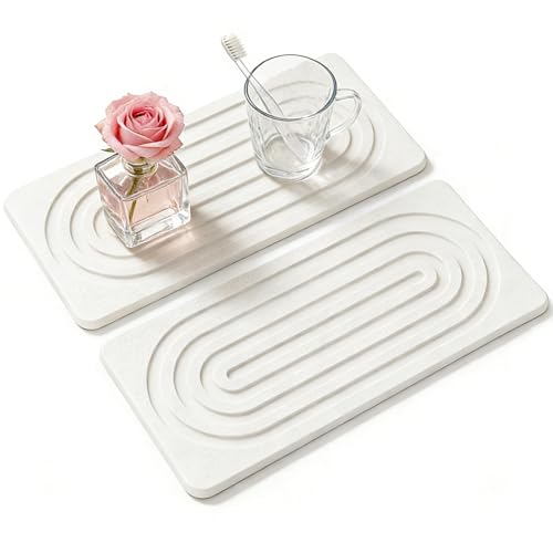 2 PCS Water Absorbing Diatomite Coasters, Stone Drying Mat for Kitchen Counter, Quick Dry Stone Mat Trays for Bathroom Kitchen Counter, Soap Dish Tray Used for Hand Soaps (White, 8.3" x 4") - color: White