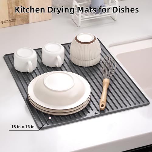 Silicone Dish Drying Mat, 16 x 18-inch Large Drying Mat for Kitchen Counter | Thicker Silicone Dish Drainer Pad for Countertop, Sink, Refrigerator or Drawer liner | Soft & Heat Resistant - size: 18" x 16"