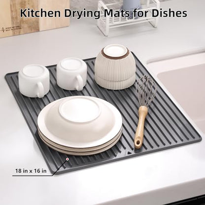 Silicone Dish Drying Mat, 16 x 18-inch Large Drying Mat for Kitchen Counter | Thicker Silicone Dish Drainer Pad for Countertop, Sink, Refrigerator or Drawer liner | Soft & Heat Resistant - size: 18" x 16"