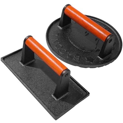 vivicreate 8.5 inch Rectangle & 7 inch Round Smash Burger Hamburger Smasher Patty Maker cast Iron Grill Weight Bacon Press Wood Handle prensa de hamburguesas prensa de Hierro fundido - size: 7 INCH