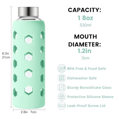 Mrsdry Glass Juice Bottles with Lids and Silicone Sleeves 18 oz, 4-Pack Reusable Clear Glass Water Bottles with Stainless Steel Airtight Cap for Juicing, Refrigerator, BPA Free Leak-Proof Drinking Jar - color: Blue