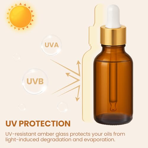 UPBUD 50Pack 1oz Amber Glass Dropper Bottles with Gold Lids, Funnels, Droppers, Extra Caps & Labels – Leakproof, UV Resistant 30ml Empty Bottle for Tinctures, Essential Oils, Beard, Hair Oils - color: Amber-gold-1oz, size: 1oz
