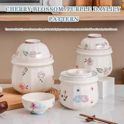 Pastoral Series Modern Pickle Jars, Traditional Water Seal Fermentation Crock, Hand-Painted Kitchen Kimchi Jar, Cherry Blossom/Purple Daylily Pattern(A)