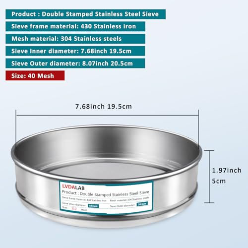 304 Stainless Steel Mesh Lab Sieve, 40 Mesh (0.45mm) Aperture Test Sieve, 7.9Inch(20cm) Diameter Economy Standard Analysis Sample Test Sieves for Industrial Laboratory Homes - size: 40Mesh(0.45mm)/Ф7.9in