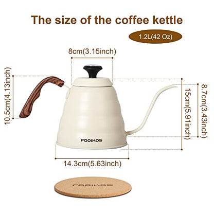 Tea Kettle gooseneck with Thermometer for Pour Over Coffee & Tea, 42 fl oz, Premium Stainless Steel, Accurate Temperature Control, Ideal Spout for Precision Pouring, Compatible with all Stovetop - color: White