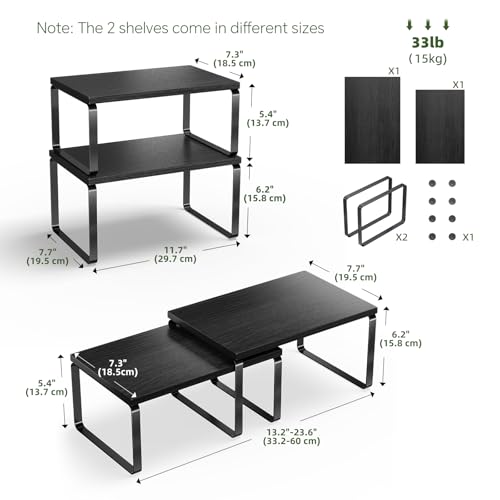 Simple Trending Cabinet Organizer Shelf, Set of 2 Stackable Kitchen Counter Shelves, Expandable Spice Rack Kitchen Storage Riser, Metal Engineered Wood, Black - color: Black