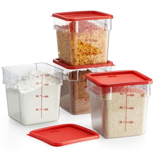 CURTA 4 Pack Food Storage Container with Red Lid - NSF Listed Commercial Grade in 8.0 Qt - Square, Clear, Polycarbonate - color: 8.0 Qt 4-Pack(Red Lids)