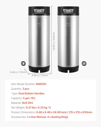 VEVOR Corny Keg, 5 Gallon Ball Lock Keg, SUS304 Cold Brew Kegs with Dual Rubber Handles & Heavy-Duty Rubber Bottom, Brewing Equipment for Home Brewing Party, 2 PCS - size: 5 Gal*2 - Corny Keg
