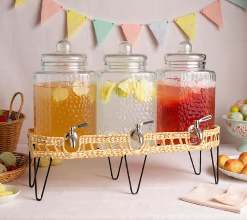1.5 Gallon Glass Drink Dispenser for Parties 3 PACK Beverage Dispensers with Stand, Glass Water Jug Dispenser, with 18/8 Stainless Steel Spigot, Great for Party, Wedding, Picnic, BBQ Wicker Design - color: 1.5 Gallon Clear 3 Pack