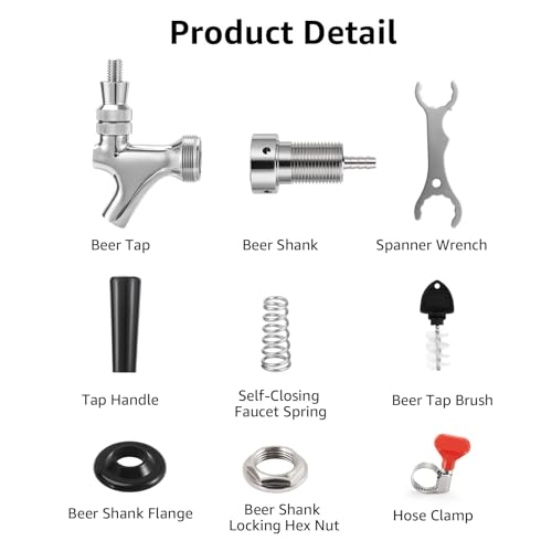 Draft Beer Faucet Shank Kit, Not Stick No Leak Brewing O.D 1/4" Beer Line Barb 1-1/2'' Beer Shank Stainless Steel Core Brass Body Kegerator Beer Tap Self-Closing Spring Spanner Wrench
