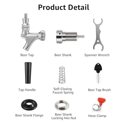 Draft Beer Faucet Shank Kit, Not Stick No Leak Brewing O.D 1/4" Beer Line Barb 1-1/2'' Beer Shank Stainless Steel Core Brass Body Kegerator Beer Tap Self-Closing Spring Spanner Wrench