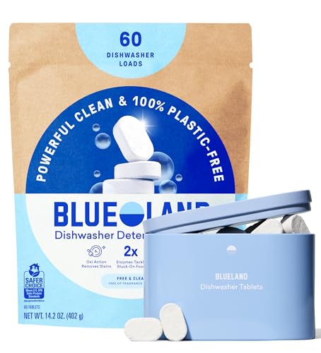 BLUELAND 100% Plastic-Free Dishwasher Detergent Tablets, Starter Set, 60 Count with tin, Free & Clear, Eco-Friendly Dishwashing Pods, Cuts Grease & Stuck on Food, Rinses Clean for Streak-Free Shine - size: 60 Count (Pack of 1+Container)