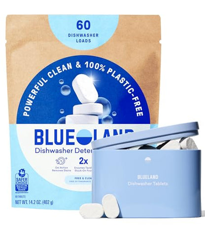 BLUELAND 100% Plastic-Free Dishwasher Detergent Tablets, Starter Set, 60 Count with tin, Free & Clear, Eco-Friendly Dishwashing Pods, Cuts Grease & Stuck on Food, Rinses Clean for Streak-Free Shine - size: 60 Count (Pack of 1+Container)